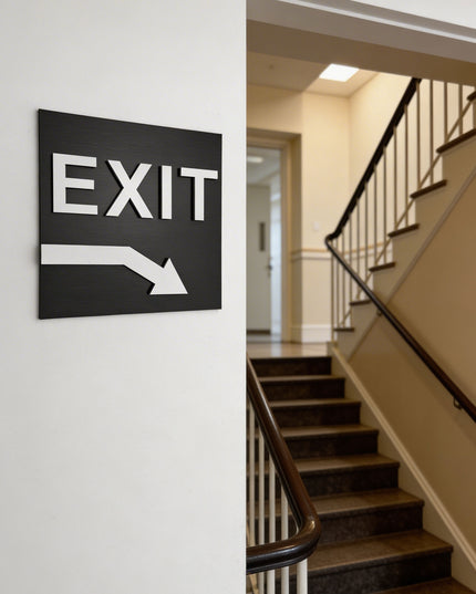 Modern exit arrow sign down right by ALUMADESIGNCO featuring clean directional style, elegant interior signage for hotels, cafés, offices, and public interiors