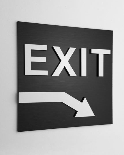 ALUMADESIGNCO exit arrow sign down right with modern directional design, premium wayfinding signage for offices, hotels, apartments, and commercial interiors