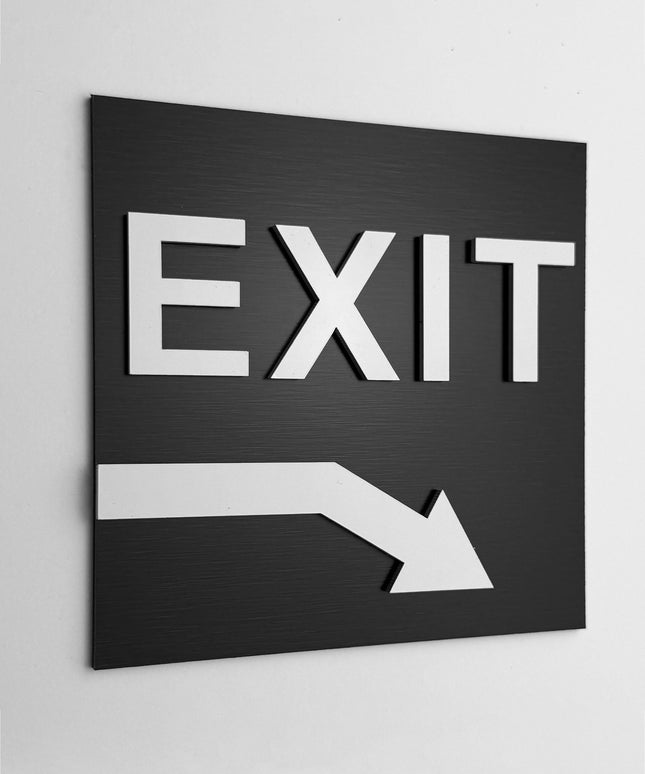 ALUMADESIGNCO exit arrow sign down right with modern directional design, premium wayfinding signage for offices, hotels, apartments, and commercial interiors