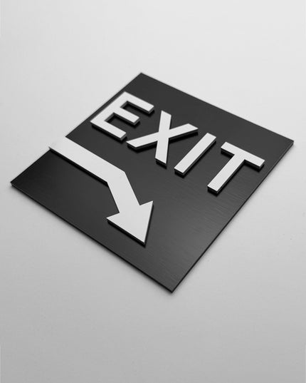 ALUMADESIGNCO exit direction sign with down right arrow and minimalist design, premium wayfinding signage for hotels, offices, and commercial buildings