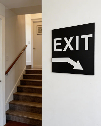ALUMADESIGNCO exit sign for doors and walls with down right arrow, premium wayfinding signage for offices, hotels, apartments, and commercial spaces
