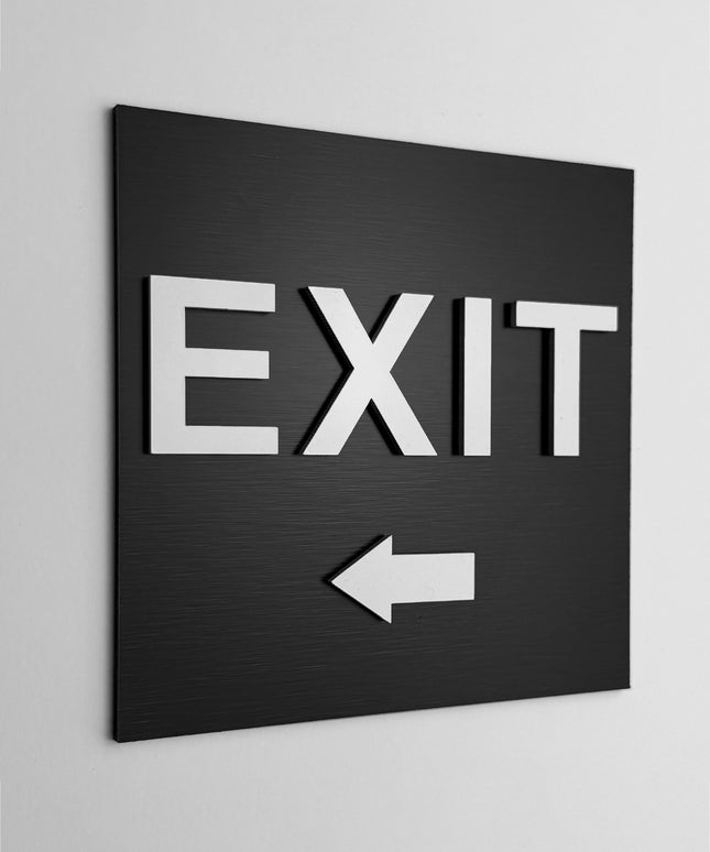ALUMADESIGNCO exit left only signage with modern directional design, premium wayfinding sign for offices, hotels, apartments, and commercial interiors