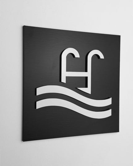 ALUMADESIGNCO swimming pool sign with modern pictogram, premium pool area signage for hotels, resorts, apartments, spas, and contemporary interiors