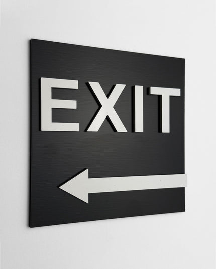 ALUMADESIGNCO exit arrow sign left side with modern directional design, premium wayfinding signage for offices, hotels, apartments, and commercial interiors