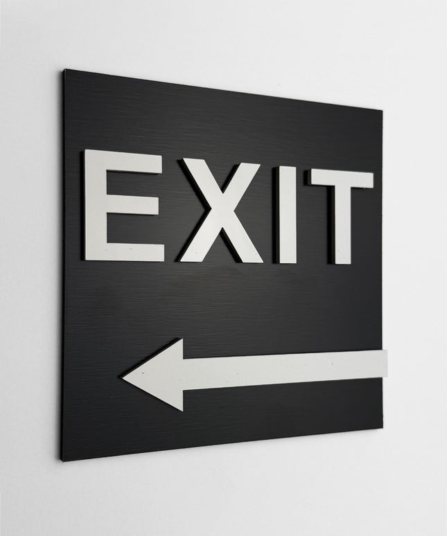 ALUMADESIGNCO exit arrow sign left side with modern directional design, premium wayfinding signage for offices, hotels, apartments, and commercial interiors