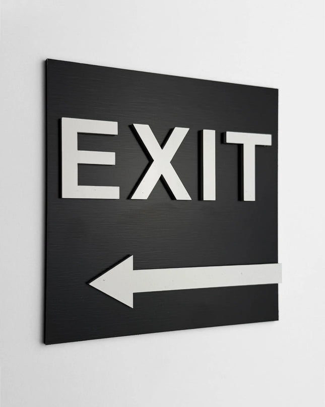 ALUMADESIGNCO exit arrow sign left side with modern directional design, premium wayfinding signage for offices, hotels, apartments, and commercial interiors