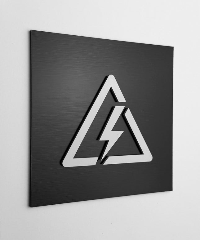 ALUMADESIGNCO electrical hazard sign with modern warning design, premium safety signage for offices, hotels, warehouses, and commercial interiors