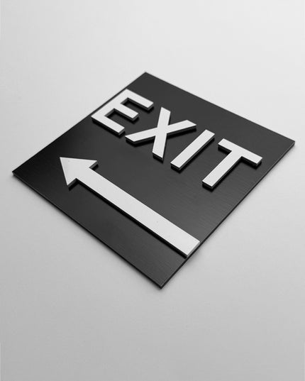 Exit arrow sign left side by ALUMADESIGNCO, stylish directional plaque for corridors, offices, hotels, and public interior spaces