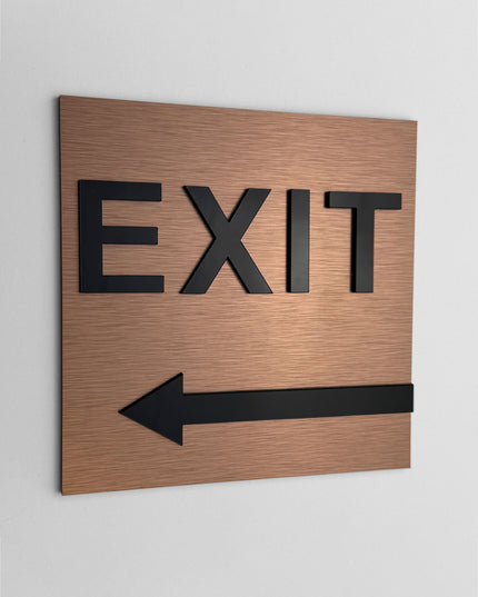 Modern exit arrow sign left side by ALUMADESIGNCO featuring clean directional style, elegant interior signage for hotels, cafés, offices, and public interiors
