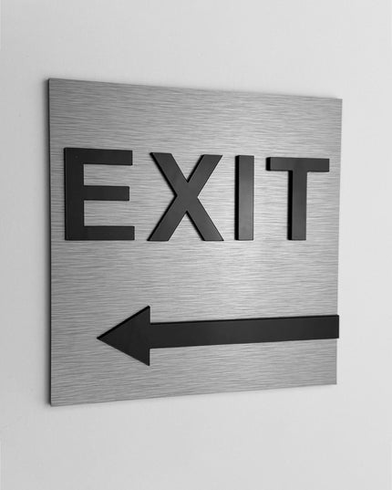 ALUMADESIGNCO exit sign for doors and walls with left arrow, premium wayfinding signage for offices, hotels, apartments, and commercial spaces