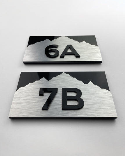 ALUMADESIGNCO Alpine Design layered room number sign with 3D acrylic numbers, modern signage for boutique hotels, Airbnb properties, and offices