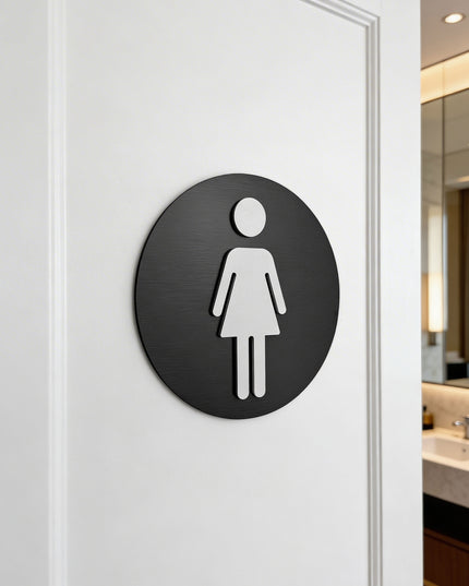 Modern female bathroom sign by ALUMADESIGNCO featuring clean durable style, premium restroom signage for hotels, cafés, offices, and public interiors