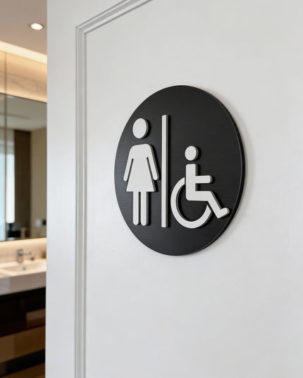 Modern women and accessible bathroom sign by ALUMADESIGNCO featuring female and wheelchair symbols, elegant restroom signage for hotels, cafés, offices, and public interiors