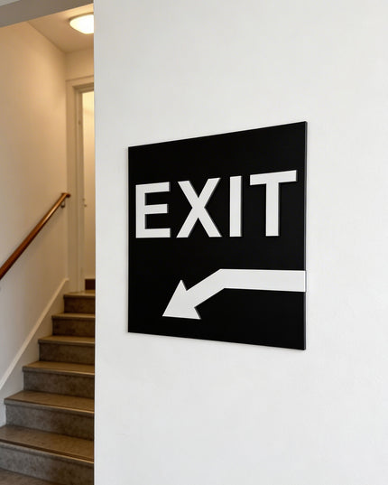 Modern exit arrow sign down left by ALUMADESIGNCO featuring clean directional style, elegant interior signage for hotels, cafés, offices, and public interiors