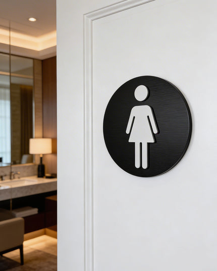 ALUMADESIGNCO female toilet sign for doors, premium bathroom wayfinding signage for offices, hotels, apartments, and commercial spaces