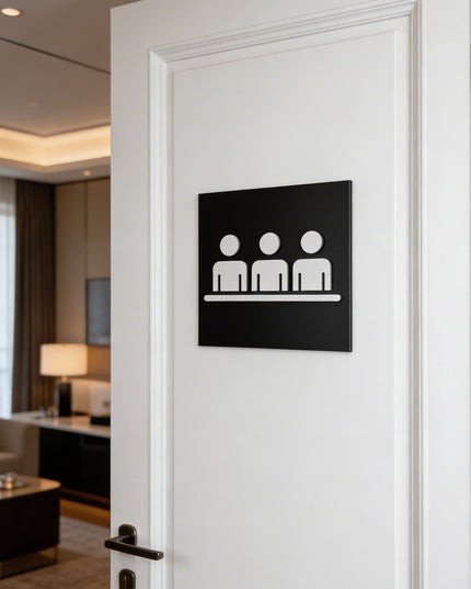 ALUMADESIGNCO office meeting room sign for doors, premium wayfinding signage for conference rooms, hotels, and commercial spaces