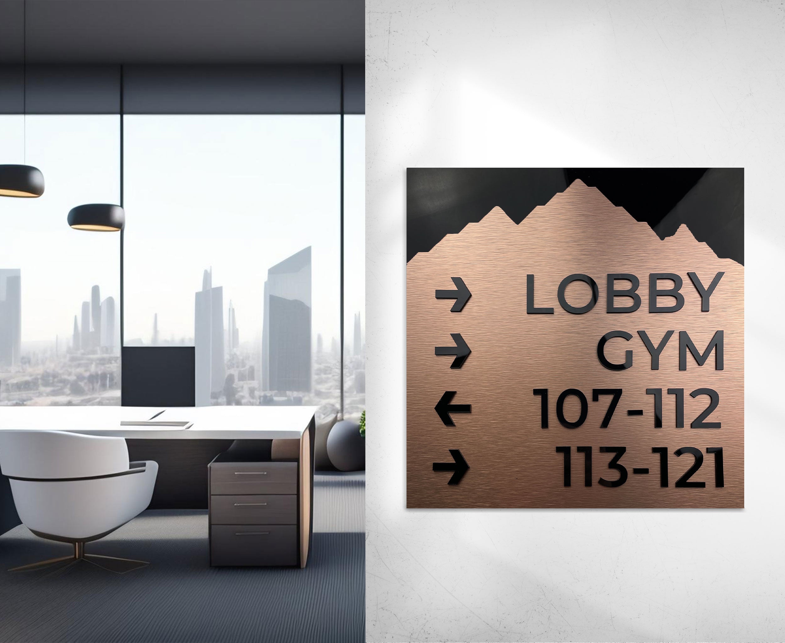 Directional Bronze Wayfinding Sign - Aluminium Plate "Mountain" Design - ALUMADESIGNCO Door Signs - Custom Door Signs For Business & Office