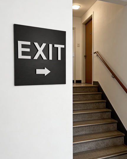 ALUMADESIGNCO exit sign for doors and walls with right arrow, premium wayfinding signage for offices, hotels, apartments, and commercial spaces