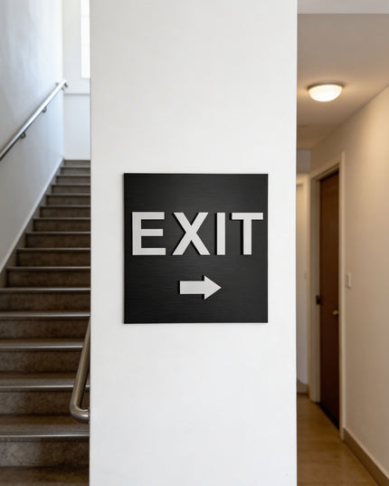 Modern exit right arrow sign by ALUMADESIGNCO featuring clean directional style, elegant interior signage for hotels, cafés, offices, and public interiors