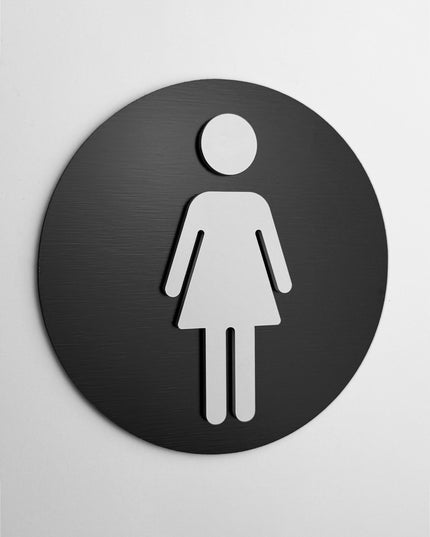 ALUMADESIGNCO female bathroom signage with modern pictogram, premium restroom door sign for offices, hotels, cafés, and commercial interiors