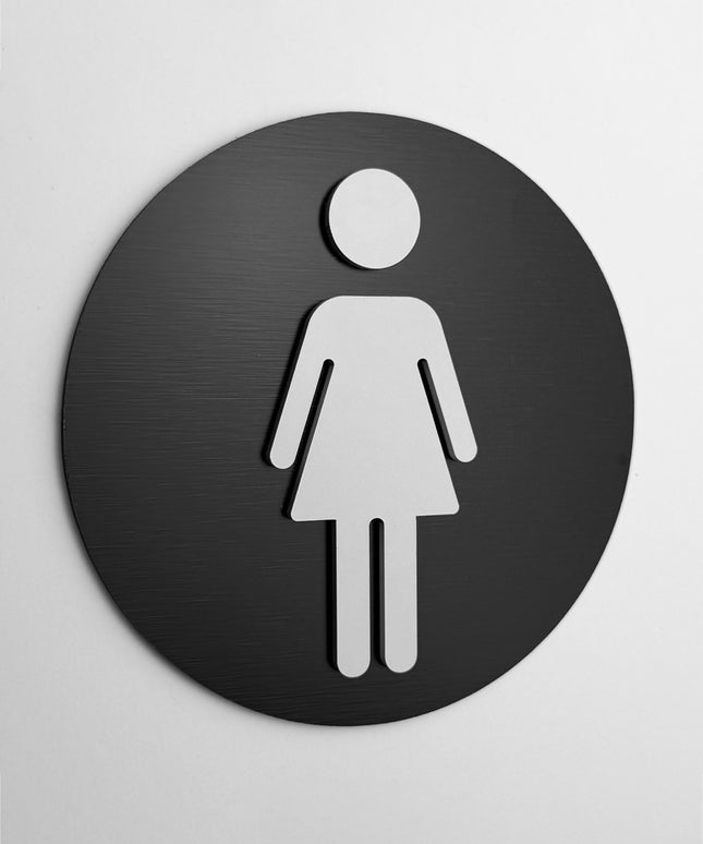 ALUMADESIGNCO female bathroom signage with modern pictogram, premium restroom door sign for offices, hotels, cafés, and commercial interiors
