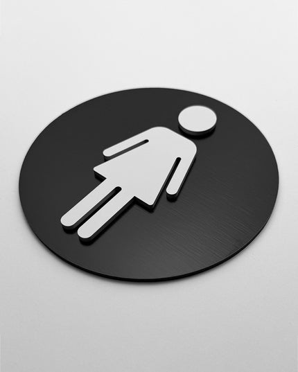 ALUMADESIGNCO female restroom door sign with minimalist design, stylish bathroom signage for offices, hospitality spaces, and commercial buildings