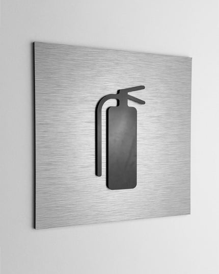 ALUMADESIGNCO fire extinguisher wall sign with minimalist modern style, safety signage for offices, hotels, warehouses, and contemporary interiors