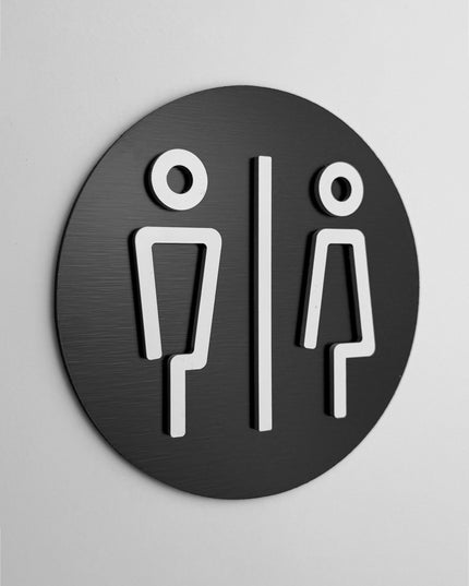 ALUMADESIGNCO restroom door sign with male and female symbols, stylish bathroom signage for offices, hospitality spaces, and commercial buildings