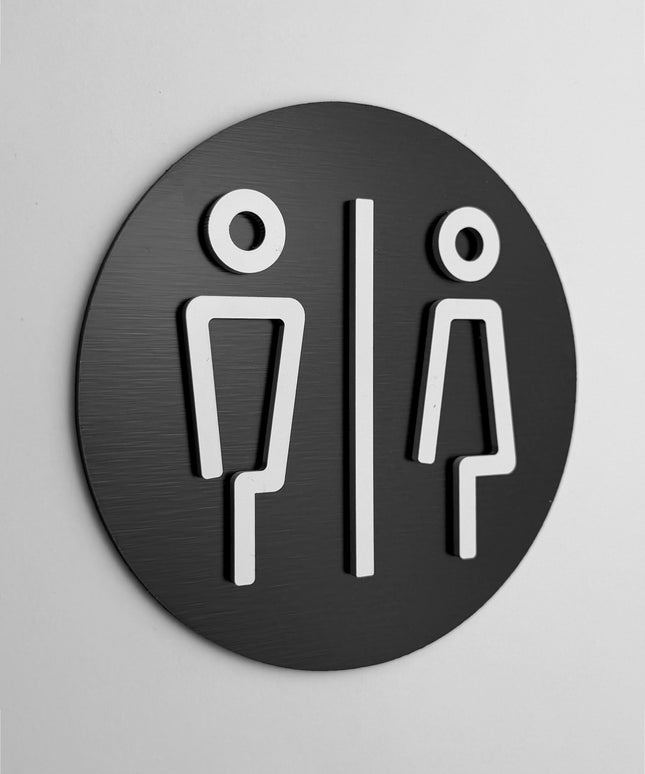 ALUMADESIGNCO restroom door sign with male and female symbols, stylish bathroom signage for offices, hospitality spaces, and commercial buildings