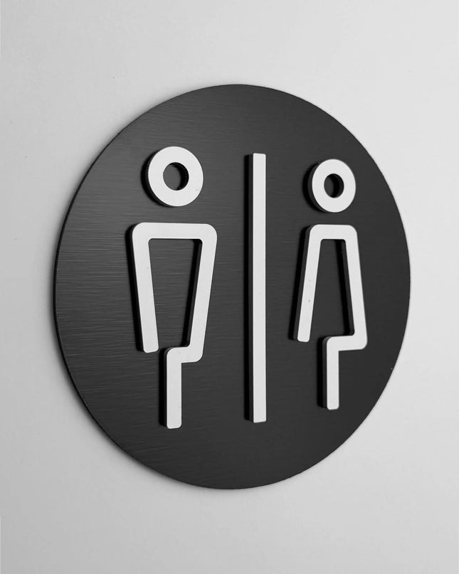 ALUMADESIGNCO restroom door sign with male and female symbols, stylish bathroom signage for offices, hospitality spaces, and commercial buildings