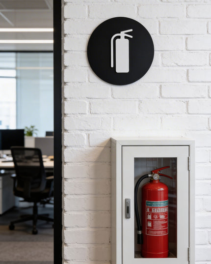 Modern extinguisher sign by ALUMADESIGNCO featuring clean professional style, safety wall signage for offices, hotels, and public interiors
