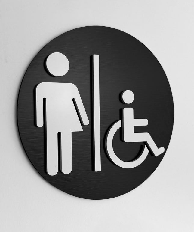ALUMADESIGNCO inclusive restroom sign with modern accessible pictogram, premium bathroom door signage for offices, hotels, cafés, and commercial interiors