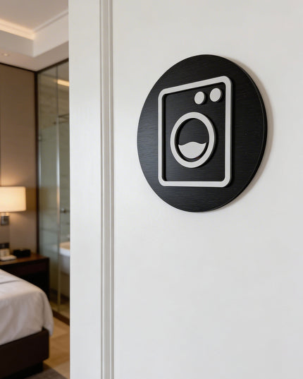 Modern laundry room door plaque by ALUMADESIGNCO featuring clean elegant style, utility room signage for homes, hotels, and commercial interiors