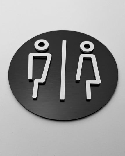 Modern male and female bathroom sign by ALUMADESIGNCO featuring clean minimalist design, elegant restroom signage for hotels, cafés, offices, and public interiors