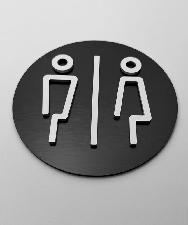 Modern male and female bathroom sign by ALUMADESIGNCO featuring clean minimalist design, elegant restroom signage for hotels, cafés, offices, and public interiors