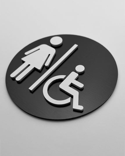 ALUMADESIGNCO female and wheelchair accessible bathroom door sign with minimalist design, stylish restroom signage for offices, hospitality spaces, and commercial buildings