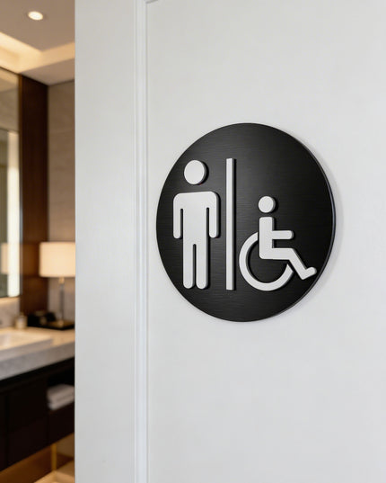 Modern men and accessible bathroom sign by ALUMADESIGNCO featuring male and wheelchair symbols, elegant restroom signage for hotels, cafés, offices, and public interiors