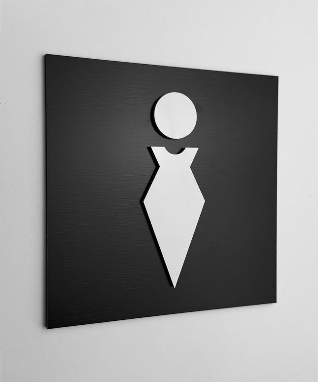 ALUMADESIGNCO women’s bathroom sign with modern pictogram, premium restroom door signage for offices, hotels, cafés, and commercial interiors