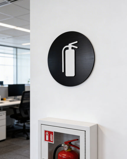 ALUMADESIGNCO fire safety sign for extinguisher locations, premium emergency signage for offices, hotels, warehouses, and commercial spaces