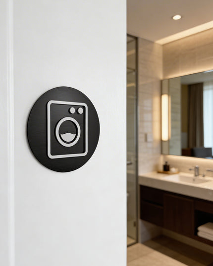 LUMADESIGNCO utility room door sign for laundry spaces, premium interior signage for apartments, offices, hospitality spaces, and modern buildings