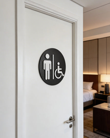 ALUMADESIGNCO men and handicap toilet sign for doors, premium accessible restroom wayfinding signage for offices, hotels, apartments, and commercial spaces