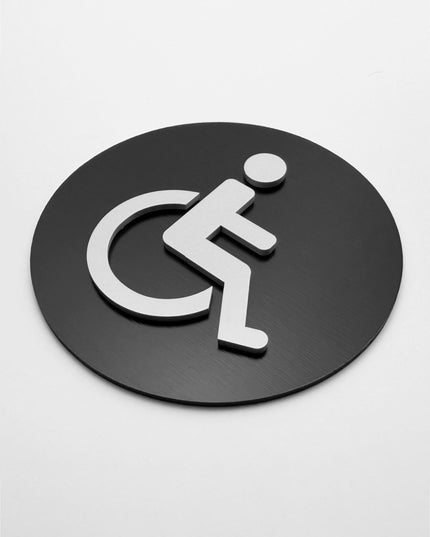 ALUMADESIGNCO wheelchair accessible bathroom door sign with minimalist design, stylish restroom signage for offices, hospitality spaces, and commercial buildings