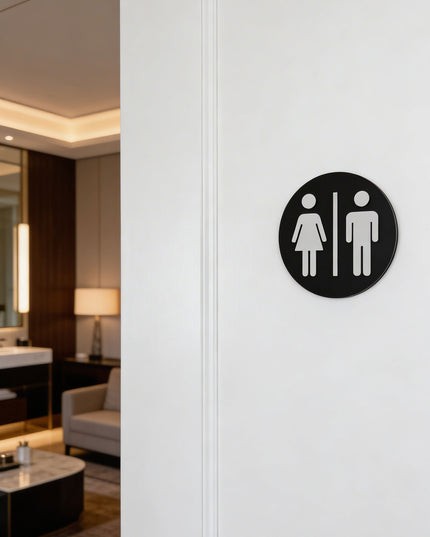 Modern round male and female toilet sign by ALUMADESIGNCO featuring clean durable style, elegant restroom signage for hotels, cafés, offices, and public interiors