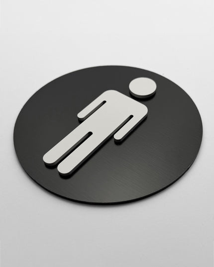 ALUMADESIGNCO round men’s restroom door sign with minimalist design, premium bathroom signage for offices, hospitality spaces, and commercial buildings