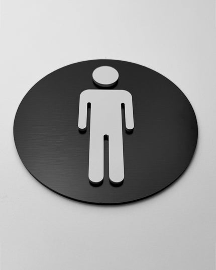 Round male restroom sign by ALUMADESIGNCO, stylish toilet door plaque for hotels, offices, restaurants, and public interior spaces