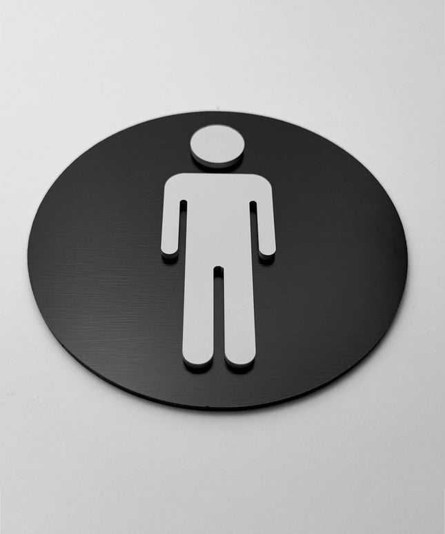 Round male restroom sign by ALUMADESIGNCO, stylish toilet door plaque for hotels, offices, restaurants, and public interior spaces