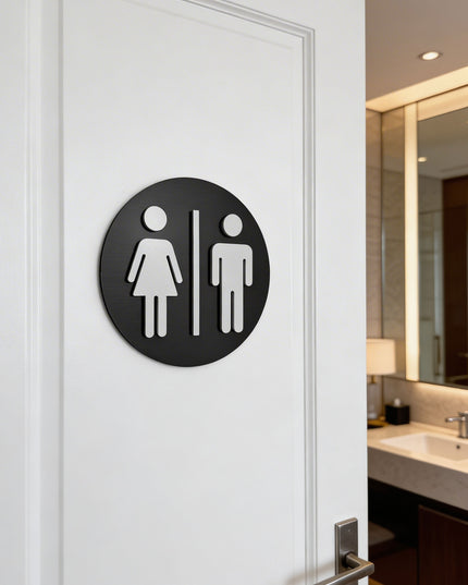 ALUMADESIGNCO premium round male and female restroom sign for doors, stylish bathroom wayfinding signage for offices, hotels, apartments, and commercial spaces