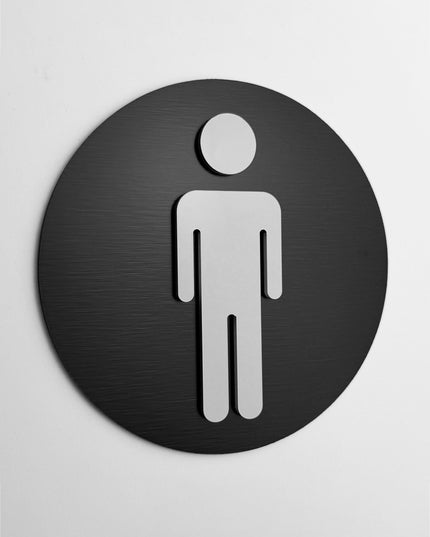 ALUMADESIGNCO round male restroom sign with modern pictogram, premium bathroom door signage for offices, hotels, cafés, and commercial interiors
