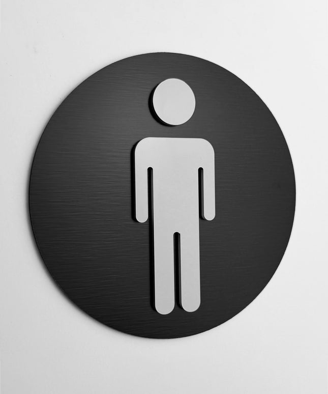 ALUMADESIGNCO round male restroom sign with modern pictogram, premium bathroom door signage for offices, hotels, cafés, and commercial interiors