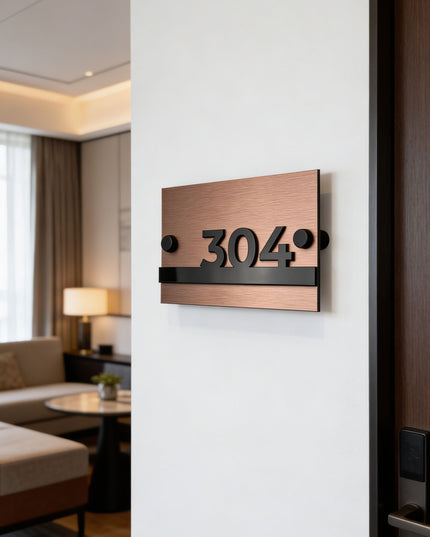 ALUMADESIGNCO Horizon Design standoff apartment number sign in brushed bronze and black acrylic with raised 3D numbers, modern door signage for apartments, hotels, and Airbnb properties